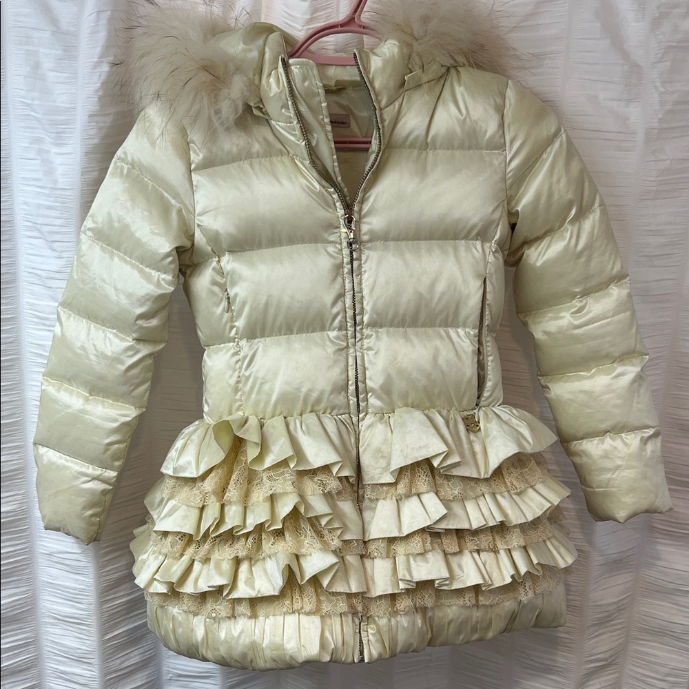Miss Blumarine Cream Puffer Jacket with Ruffles